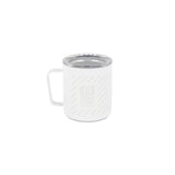 Full back product shot of the Topo Designs x Miir Camp Mug in white showing Topo Designs logo design