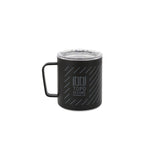 Full front product shot of the Topo Designs x Miir Camp Mug in black showing Topo Designs logo design