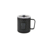 Full front product shot of the Topo Designs x Miir Camp Mug in black showing Topo Designs logo design