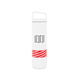 Full product shot of the Topo Designs x Miir Water Bottle in white showing size and Topo Designs logo from the front