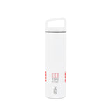 Full product shot of the Topo Designs x Miir Water Bottle in white showing size and Topo Designs logo from the back