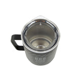 Full top product shot of the Topo Designs x Miir Camp Mug in black showing lid fitting