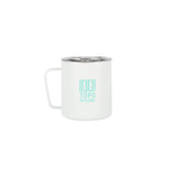 Full back product shot of the Topo Designs x Miir Camp Mug in white showing Topo Designs logo design