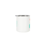 Full top product shot of the Topo Designs x Miir Camp Mug in white showing side with Miir Logo