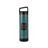 Full product shot of the Topo Designs x Miir Water Bottle in black showing size and Topo Designs grid pattern from the front