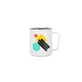 Full front product shot of the Topo Designs x Miir Camp Mug in white showing geometric design